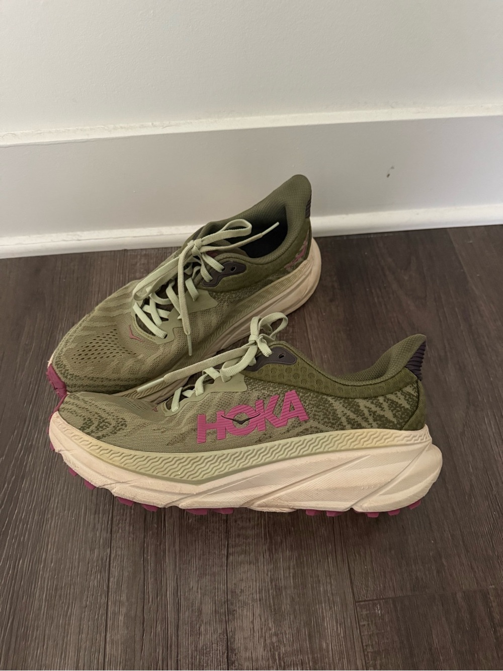 Like new Hoka One One Olive Green Running Shoes with Pink Logo Accents